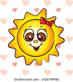 Smiling sun with big happy eyes and hearts - stock illustration 