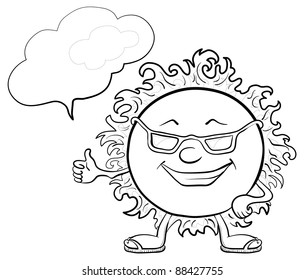 Smiling sun with black glasses and a cloud for your text, contours. Vector