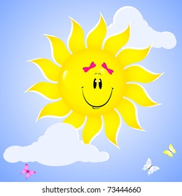 Smiling sun with bows and butterflies. Vector illustration.