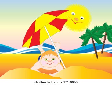 Smiling sun and boy at the sandy beach with palms