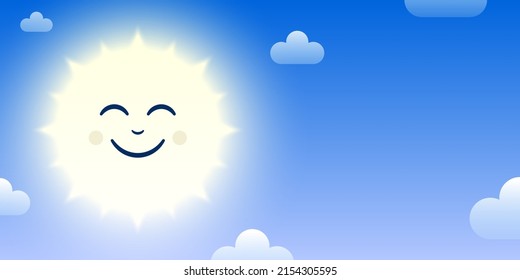 Smiling sun cartoon character on blue sky background with white clouds. Morning sun vector banner.