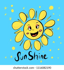 Smiling Sun Cartoon Character Simple Flat Design. Vector Illustration Isolated On blue Background. Sun shine