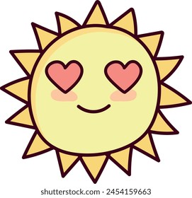 Smiling sun cartoon with heart eyes, cute and colorful illustration.