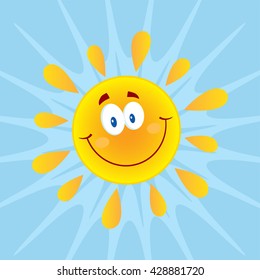 Smiling Sun Cartoon Mascot Character. Vector Illustration With Background