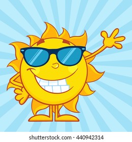 Smiling Sun Cartoon Mascot Character With Sunglasses Waving For Greeting Vector Illustration In Blue Sunburst Background