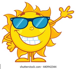 Smiling Sun Cartoon Mascot Character With Sunglasses Waving For Greeting. Vector Illustration Isolated On White Background