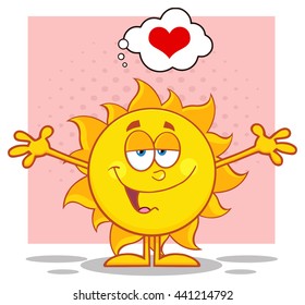 Smiling Sun Cartoon Mascot Character With Open Arms And A Heart. Vector Illustration Isolated On White Background