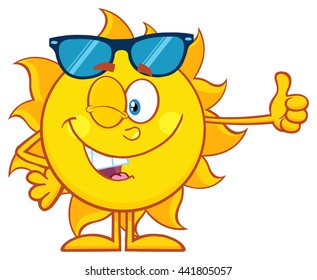 Smiling Sun Cartoon Mascot Character With Sunglasses Giving The Thumbs Up. Vector Illustration Isolated On White Background