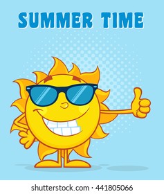 Smiling Sun Cartoon Mascot Character With Sunglasses Giving The Thumbs Up. Vector Illustration With Halftone Background And Text Summer Time