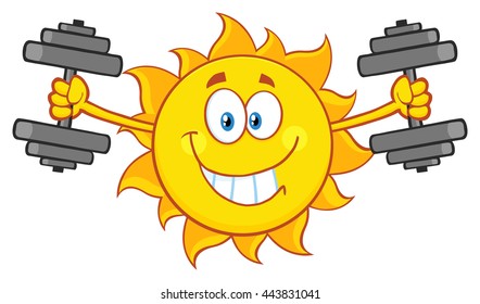 Smiling Sun Cartoon Mascot Character Working Out With Dumbbells. Vector Illustration Isolated On White Background