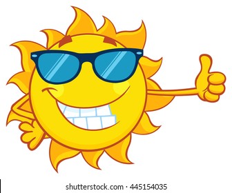 Smiling Sun Cartoon Mascot Character With Sunglasses Giving A Thumbs Up. Vector Illustration Isolated On White Background