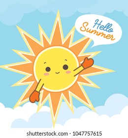 Smiling Sun cartoon on blue pastel background with cloud around and saying Hello Summer