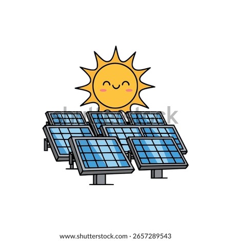 Smiling sun cartoon shining on solar panel array generating clean renewable energy in bright sunny weather