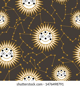 Smiling sun and celestial elements in a seamless pattern design, that can be used on the web, or in print, for surface design