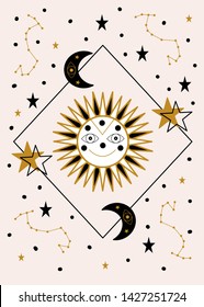 Smiling sun and celestial elements, vector illustration, with a light background