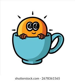 Personaje sonriente del sol en una Ilustración vectorial de dibujos animados de la taza de café