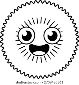 Smiling sun character in coloring book style. Bold icon design of friendly sun with simple line art outline. Fun sun illustration, ready for color or book applications.