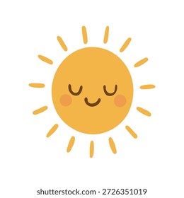 Smiling sun character graphic representing warm weather, cheerful climate themes, positive mood visuals, and child friendly seasonal designs.