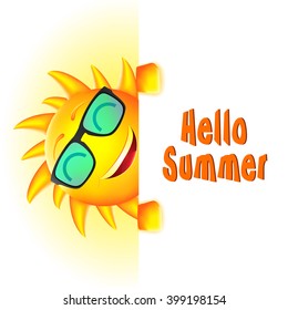 Smiling Sun Character with Hello Summer Text and White Space for Message Vector Illustration