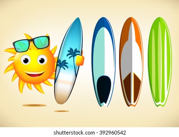 Smiling Sun Character Holding Sets of Surfboards with Different Designs as Summer Elements in Vector Illustration
