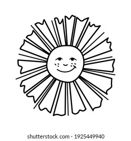 A smiling sun character in the outline style on a white background. Vector illustration.