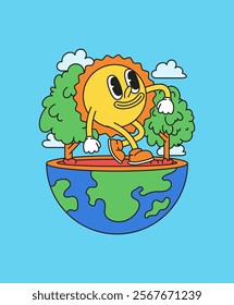 Smiling sun character taking a walk on the earth surrounded by trees and clouds cartoon illustration for educational content related to nature or as a cheerful decoration