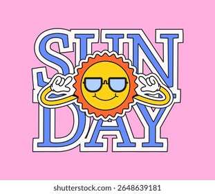 Personagem de sol sorridente usando óculos de sol e fazendo um sinal de paz com ambas as mãos, definido contra negrito "DOMINGO" texto em um fundo rosa. Ideal para verão, fim de semana em ilustração de desenho animado