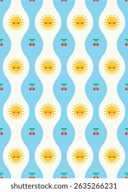 Smiling sun and cherry seamless pattern design. Vector illustration.