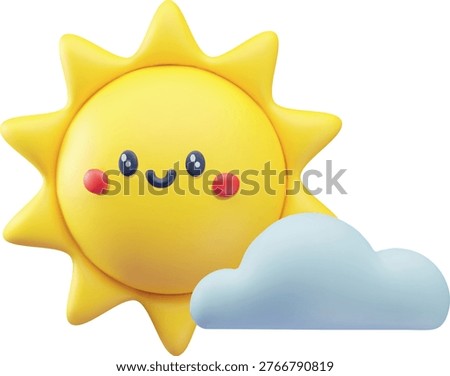 Smiling sun and cloud 3D plastic style vector illustration. Cartoon sunny, partly cloudy weather forecast symbol. Realistic volume meteorology design element. Render sky cheerful character icon