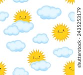 Smiling sun and clouds in childish sky seamless pattern. Design for children