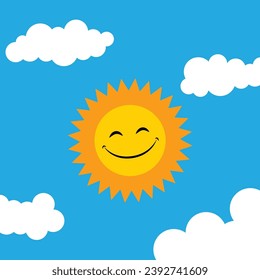 smiling sun with clouds isolated on Blue background