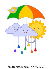 Smiling sun and clouds, little bird on colorful umbrella vector illustration, Rainy clouds and rain drops in rainbow colors
