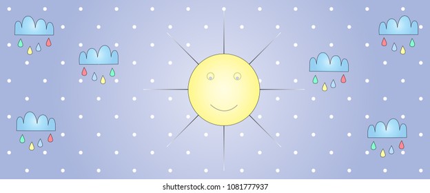 Smiling sun and clouds on blue sky, child drawing style in pastel color on polka background