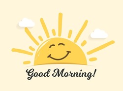 Smiling Sun With Clouds On Yellow Background, Good Morning Concept, Vector Eps10 Illustration