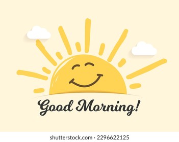 Smiling sun with clouds on yellow background, good morning concept, vector eps10 illustration