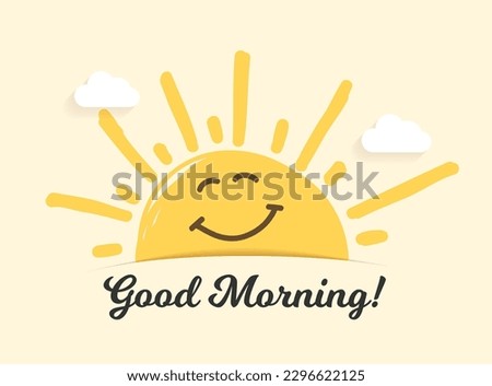 Smiling sun with clouds on yellow background, good morning concept, vector eps10 illustration