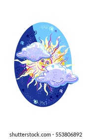 Smiling sun and clouds,Easter egg sticker, postcard