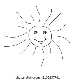 A smiling sun created in the doodle style.A black outline on an isolated white background.Vector.