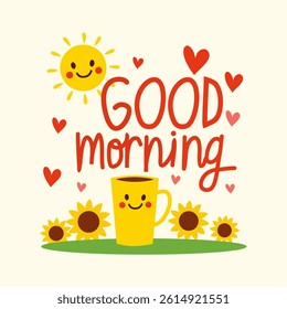 Smiling sun a cup of coffee and sunflowers.