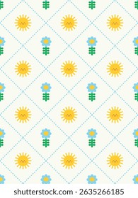 Smiling sun and daisy flower seamless pattern design. Vector illustration.
