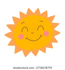 Sol sonriente con rayos decorativos. Lindo icono solar de dibujos animados. Vector de Clima de verano