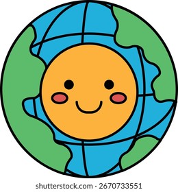 Eine lächelnde Sonne zieht sich auf einen Globus. Der Globus ist schwarz-weiß