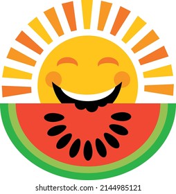 Smiling sun eats watermelon. Vector illustration isolated on white background. Summer symbol in cute kids style
