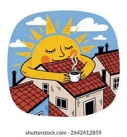 A smiling sun embraces rooftops while holding a steaming coffee cup.