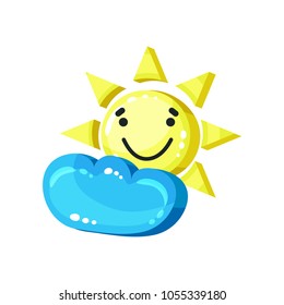 Smiling sun emoji with cloud bright glossy smile mascot vector Illustration on a white background