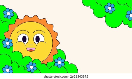 Sol sorridente com olhos expressivos emergindo atrás de arbustos verdes brilhantes e flores azuis Ilustração de fundo de desenhos animados para temas em torno da felicidade, ambiente e visuais das crianças