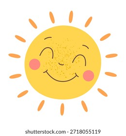 Cara sonriente del sol. Icono lindo del sol de la historieta con los rayos suaves. Ilustración vectorial de Clima de verano.