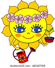 Smiling sun face in spring with seedling and ewer