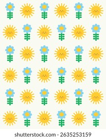 Smiling sun and flower seamless pattern design. Vector illustration.