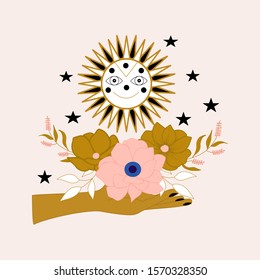 Smiling sun, flowers and hand, vector illustration, perfect to use on the web or in print
